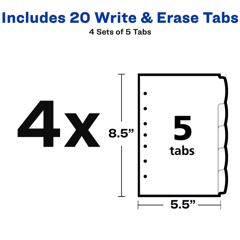 Avery Write & Erase Durable Plastic Mini Dividers for 3 Ring Binders and 7-Ring Binders, 5.5"" x 8.5"", 5-Tab Sets, Multicolor, 4 Binder Divider Sets (21982) - Image 5